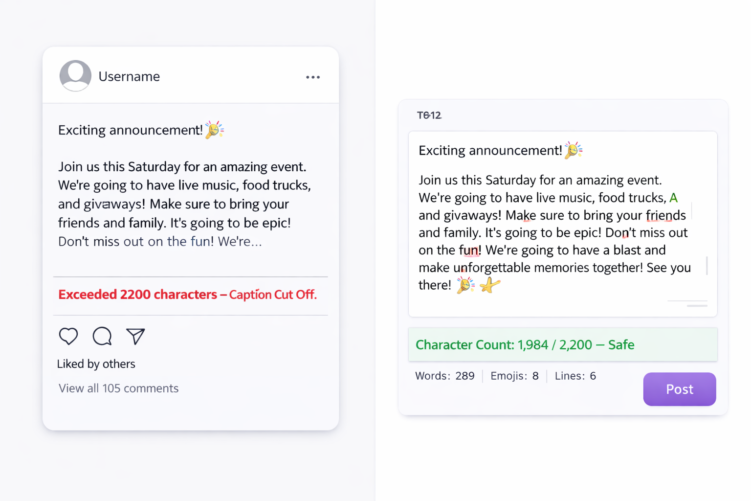 Caption counter interface showing character and emoji count