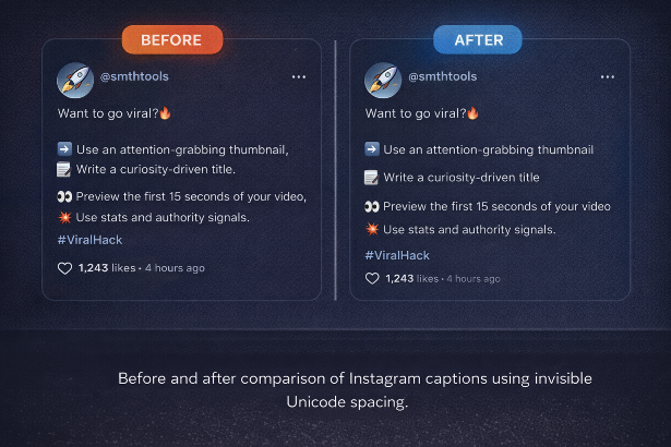 Instagram caption before and after applying invisible line breaks